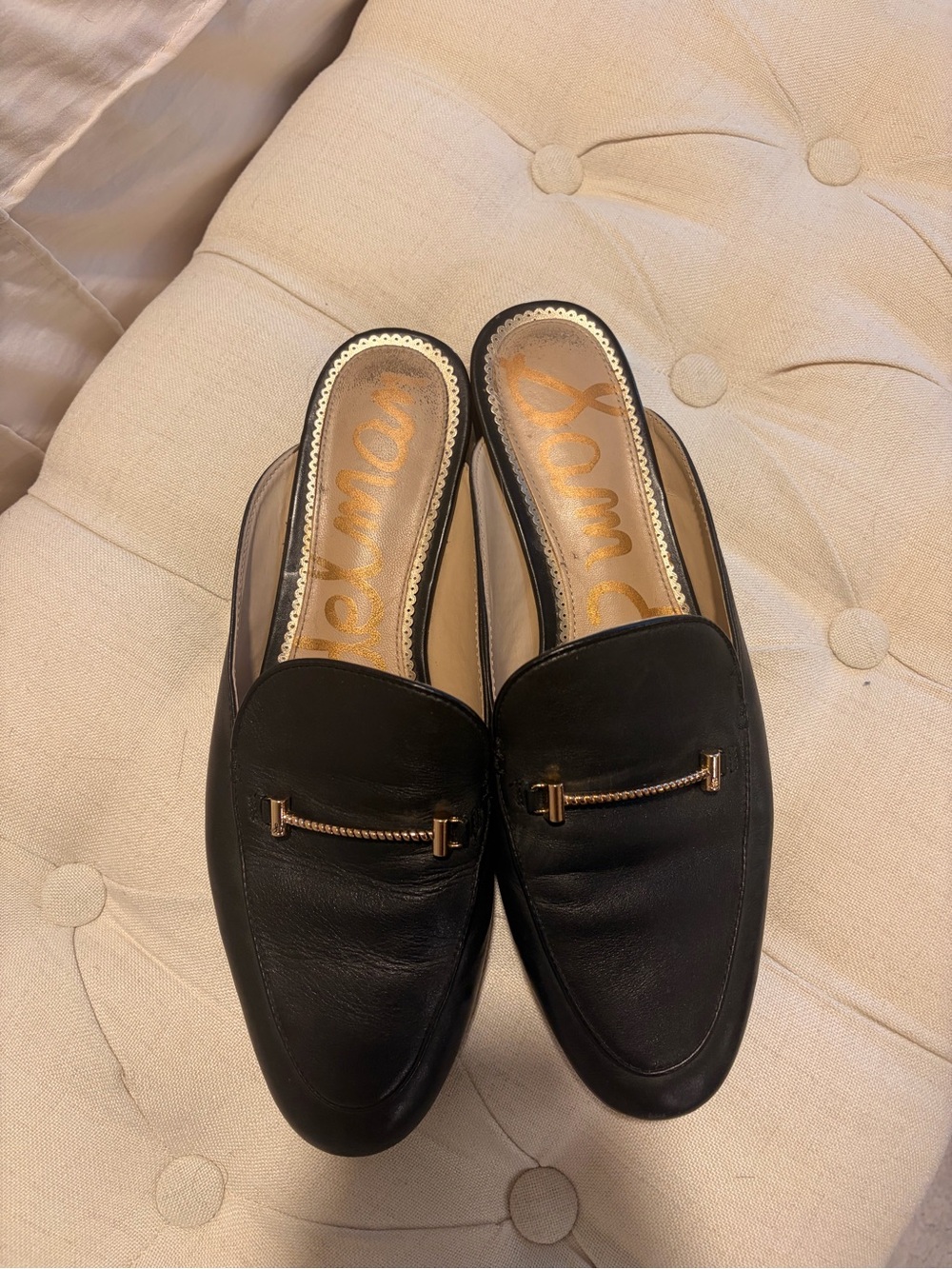 Sam Edelman Black Leather Backless Mule Loafers with Gold Chain Accent
